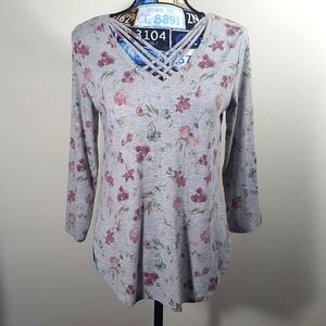 NWT grey strappy neckline floral long sleeve